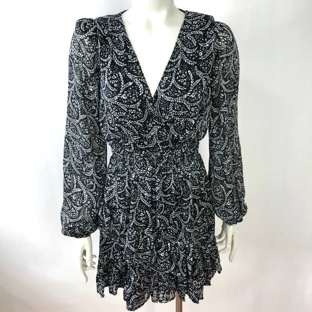 Aqua XS A-Line Tiered Bishop Faux WrapSheer Mini Dress All Over Print Black MINT